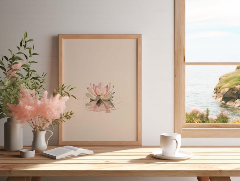 Zen lotus watercolor painting neutral japandi wall decor