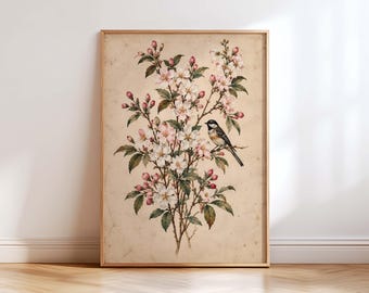 Vintage Cherry Blossom Wall Art Print, Botanical Bird Artwork, Japanese Spring Decor, Cottagecore Nature Wall Decor