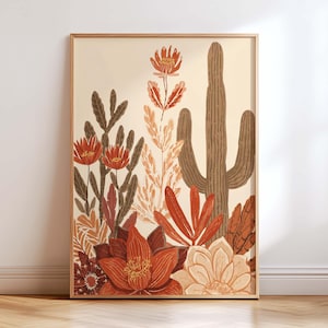Desert Botanical Wall Art Print, Boho Terracotta Cactus Decor, Mid Century Modern Neutral Floral Living Room Art, Southwestern Poster