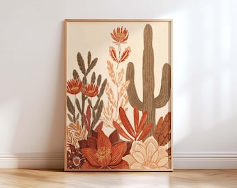Desert Botanical Wall Art Print, Boho Terracotta Cactus Decor, Mid Century Modern Neutral Floral Living Room Art, Southwestern Poster