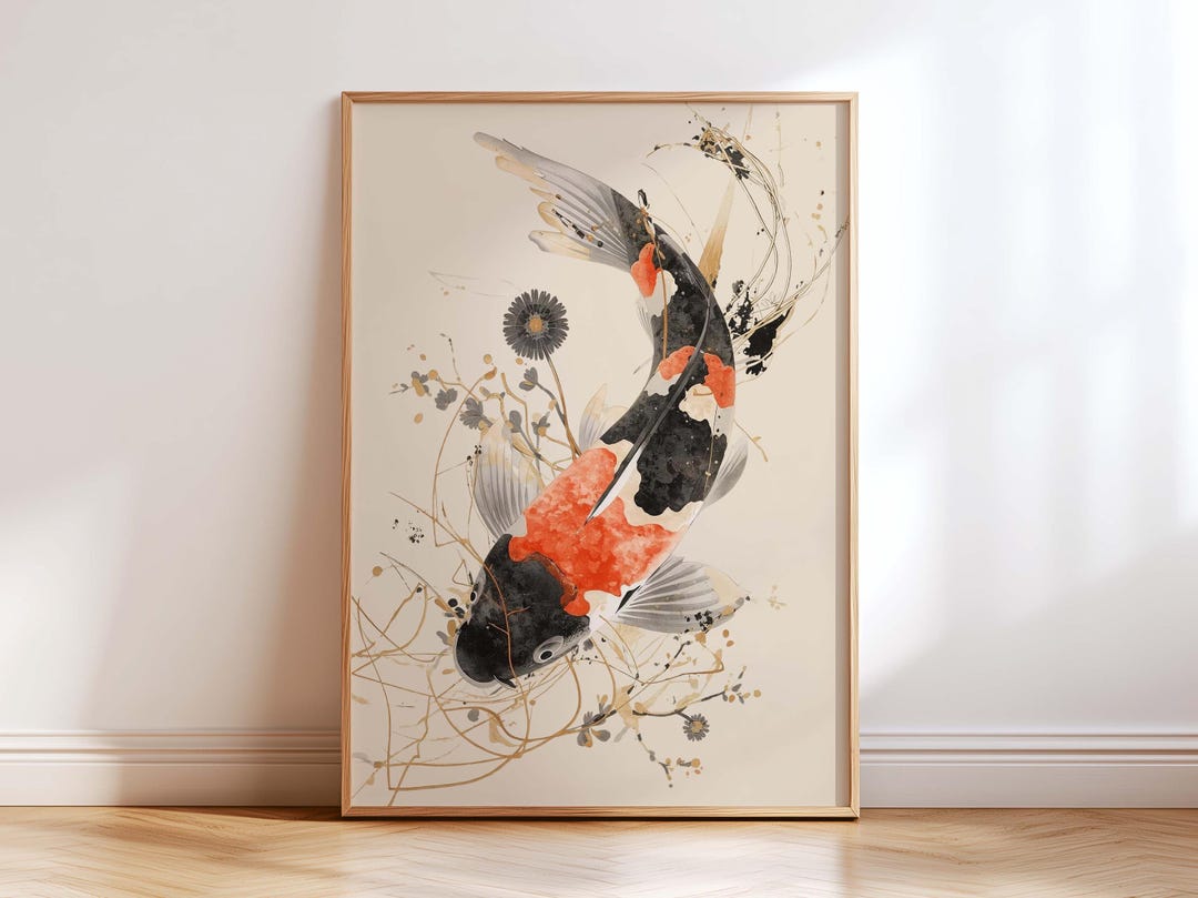 Japanese Koi Fish Wall Art Print, Zen Minimalist Japandi Decor, Black ...