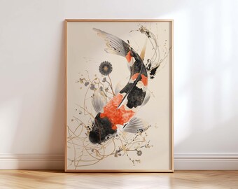 Japanese Koi Fish Wall Art Print, Zen Minimalist Japandi Decor, Black Orange Koi Painting, Modern Asian Wall Decor, Nature Artwork