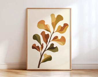 Neutral Boho Leaf Wall Art Print, Scandinavian Abstract Nature Poster, Mid Century Modern Artwork, Beige Orange Green Decor