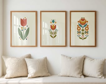 Mid Century Modern Wall Art Set of 3, Scandinavian Folk Floral Prints, Nordic Boho Botanical Poster, Retro Tulip Decor