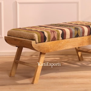 Banco plegable de madera, banco Kilim de lana, muebles de entrada estilo boho, otomana de yute y lana, taburete decorativo tejido a mano, decoración rústica
