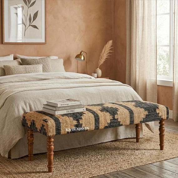 Jute Rug Sitting Bench - Bench For Bedroom | Ottoman Bench | Hallway Bench | Frontdoor Bench | Footstool Bench | Kilim Piano Bench