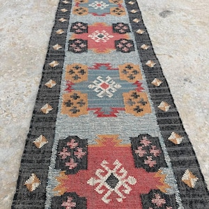 Vintage Kilim Runner Handmade Long Runner Bohemian Hallway Rug Wool Jute Kitchen Runner Hand Knotted Navajo Rug Entryway Custom Runner Rug