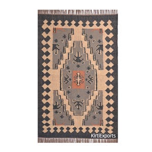 8x10 ft. Handmade Wool Jute Kilim Rug, Handwoven Wool Jute Rug, Kilim Jute Rug, Flatweave Rug, Bohemian Rug, Indian Dhurrie Rug