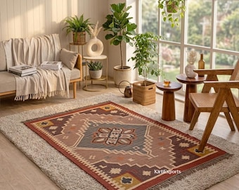 Vintage Wool Jute Kilim Rug, Handwoven Wool and Jute Rug Handmade, Kilim Dhurrie Rug, Traditional Indian Jute Area Rug