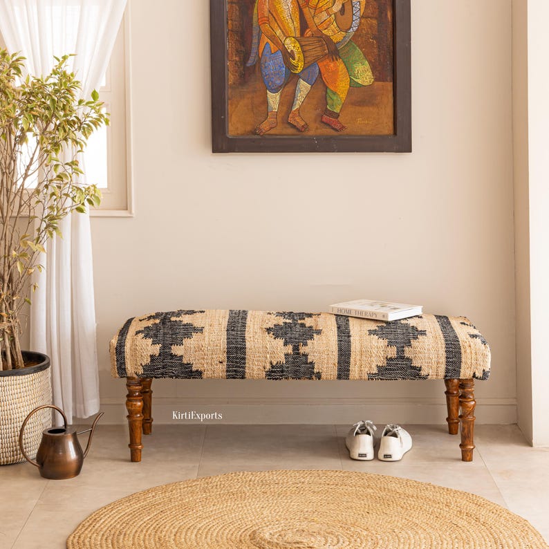 Jute Rug Sitting Bench - Bench For Bedroom | Ottoman Bench | Hallway Bench | Frontdoor Bench | Footstool Bench | Kilim Piano Bench