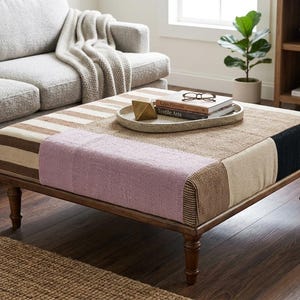 Handcrafted Cotton Fabric Ottoman Coffee Table, Low Profile Upholstered Square Bench, Block Patchwork Footstool, Striped Wooden Leg Table
