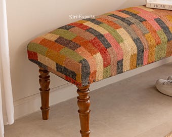 Banco trançado multicolorido com pés de madeira, otomano de lã Kilim, banco rústico para hall de entrada, banco com toque tribal, assento boho para sala de estar