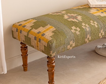 Handmade Indian Kilim Bench, Upholstered Wool Jute Ottoman Seat, Rustic Living Room Footstool, Ethnic Decor, Accent, Housewarming Gift
