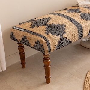 Cotton Jute Bench - Upholstered Hallway Bench, Handwoven Accent Boho Ottoman, Home Decor Bench