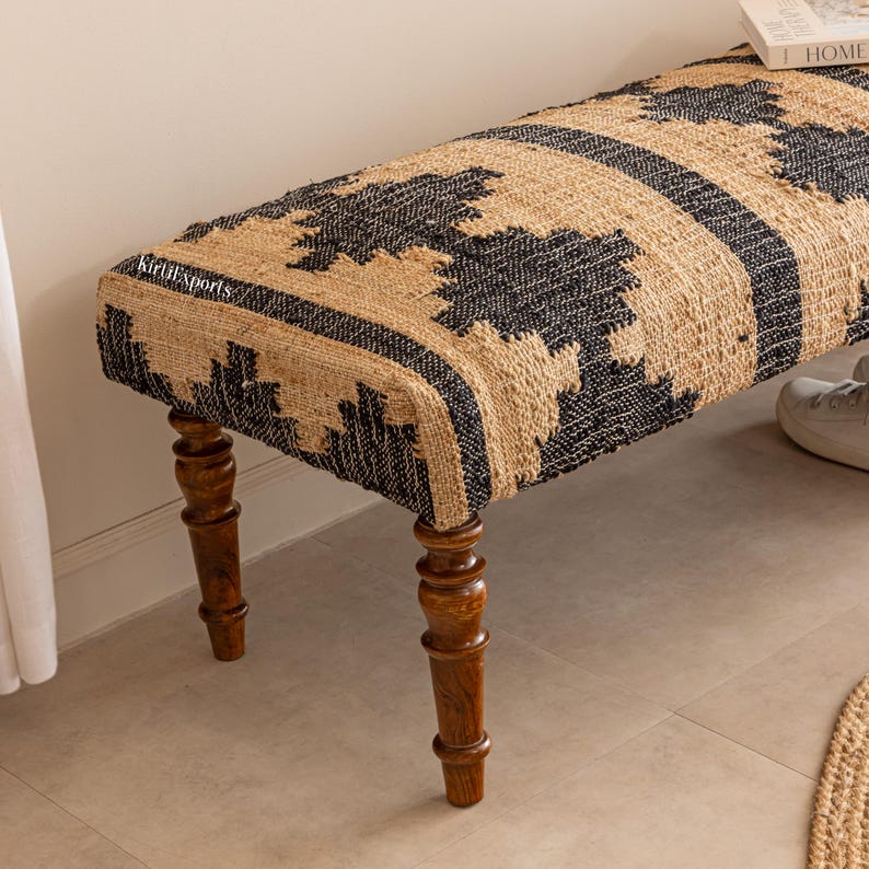 Cotton Jute Bench - Upholstered Hallway Bench, Handwoven Accent Boho Ottoman, Home Decor Bench