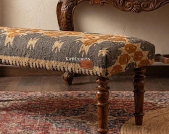 Handmade Wool Jute Kilim Bench | Boho Kilim Upholstered Bench | Entryway | Bedroom Ottoman Bench | Rustic Farmhouse Decor