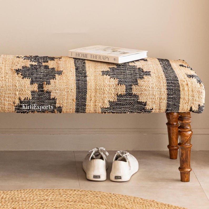 Jute Rug Sitting Bench - Bench For Bedroom | Ottoman Bench | Hallway Bench | Frontdoor Bench | Footstool Bench | Kilim Piano Bench