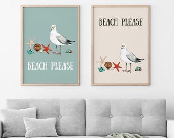 Grappige zeemeeuw strandprint: kustbadkamerkunst (digitale download, png-afbeelding inbegrepen)