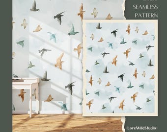 Naadloos patroon aquarelvogels: boho-behangontwerp (digitale download)