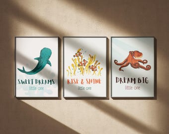 Ocean Animal Nursery Art Set: walvishaai, octopus, anemoonvis (digitale download)