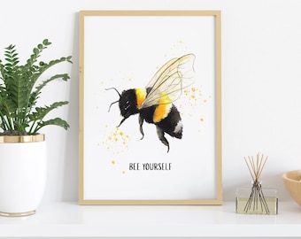 Aquarelprintset Bumble Bee: muurkunst, kaarten en clipart (digitale download)