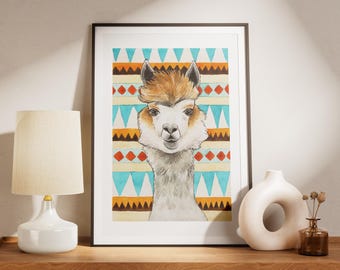 Boho lama kwekerij Art Print: tribal patroon, aardse kleuren (digitale download van png-afbeeldingen)