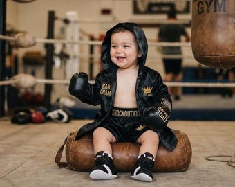 Personalized Baby Boxing Set – Choose Individual Items or Complete Outfit | Custom Embroidered Robe, Shorts & Gloves