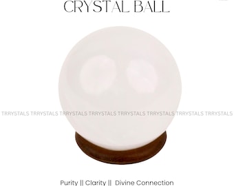 Puede incluir: Una bola de cristal de selenita blanca sobre una base de madera oscura. El texto "SELENITE CRYSTAL BALL" está en la parte superior. La parte inferior de la imagen dice "Purity || Clarity || Divine Connection".