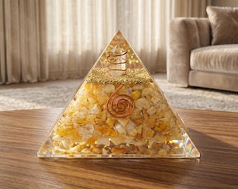 Golden Quartz Pyramid | Orgonite Pyramid | Crystal Decor | Desk Decor | Spiritual Gift