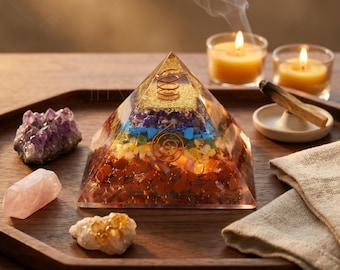 Seven Chakra Pyramid | Orgonite Pyramid | Crystal Decor | Desk Decor | Chakra Gift