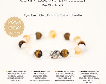 Gemini Zodiac Bracelet | Tiger Eye, Citrine & Clear Quartz Crystal Bracelet | Gemini Gift