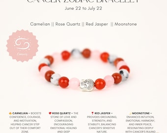 Bracelet zodiaque Cancer | Bracelet en pierre de lune, quartz rose et cornaline | Cadeau cancer