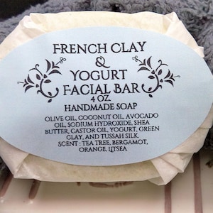 HandMade Facial Bar, French Green Clay, Yogurt, Mature Skin, Aging Skin Facial Bar, Shipping Included, Scent: Tea Tree, Bergamot, Orange