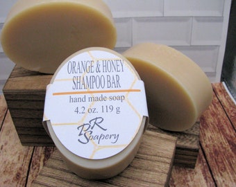 Orange and Honey Shampoo Bar,  Handmade Soap, Pure and Natural, Great Lather Shampoo, Orange Scented Conditioner, Shipping Included