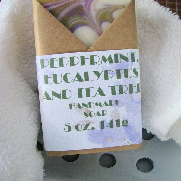 Handmade Soap, Peppermint, Eucalyptus, and Tea Tree , Oversized Bar Soap, 5 oz.  Great Lather, Body Bar, Shipping Included, Gift Wrap