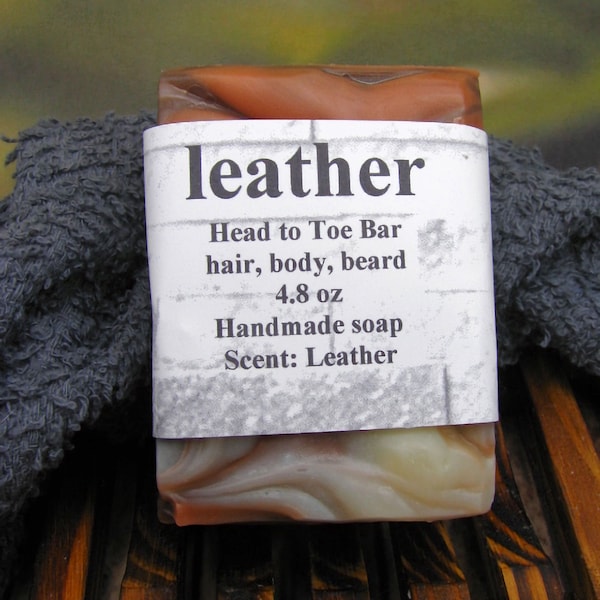 Handmade Soap, Handmade Soap, From Head to Toe/, Beard Shampoo, Hair Shampoo and Body Bar, Shipping Included, Scent Leather