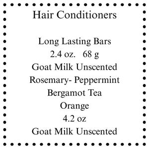May include: A black and white image displaying text for hair conditioners. The text includes "Long Lasting Bars", "2.4 oz. 68 g", and various scent options such as "Rosemary- Peppermint" and "Orange".