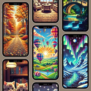 Pixel Art Cozy & Szenische Wallpapers Pack | 15 Telefon Hintergründe | Herbst, Natur, Heißluftballons, Aurora, Katzen, gemütliches Zimmer | 1080x1920