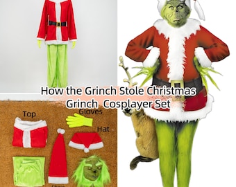 May include: A Grinch Cosplayer Set featuring a red and white jacket, green pants, a belt, a hat, gloves, and a mask. The set includes the text "How the Grinch Stole Christmas" and "Grinch Cosplayer Set".