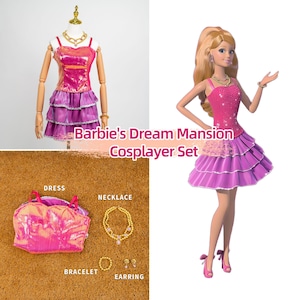 Set di abiti cosplay Dollcore rosa, abito con paillettes scintillanti, gioielli dorati, gonna lilla, outfit glamour per le feste, look da festa in costume Dollcore.