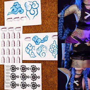 Arcane Inspired Jinx Tattoo Stickers Wig Set Waterproof Temporary Tattoos 4 Designs Blue Braid Wig League of Legends Cosplay Kit Gamer Gift