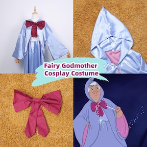 May include: A light blue Fairy Godmother cosplay costume with a burgundy bow. The costume includes a hooded cape and a dress. The image also features a burgundy bow and a cartoon image of the Fairy Godmother.