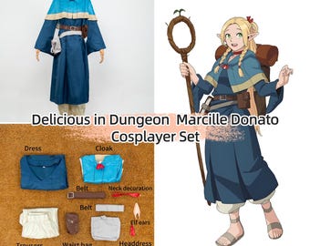 May include: A cosplay set featuring a blue dress, cloak, belt, and accessories. The set includes trousers, a waist bag, elf ears, and a headdress. The text "Delicious in Dungeon Marcille Donato Cosplayer Set" is displayed.