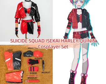 Red Black Villain Girl Cosplay Costume Set PU Leather Jacket Bra Shorts Gloves Choker Halloween Xmas Party Outfit Stage Display Wear FX