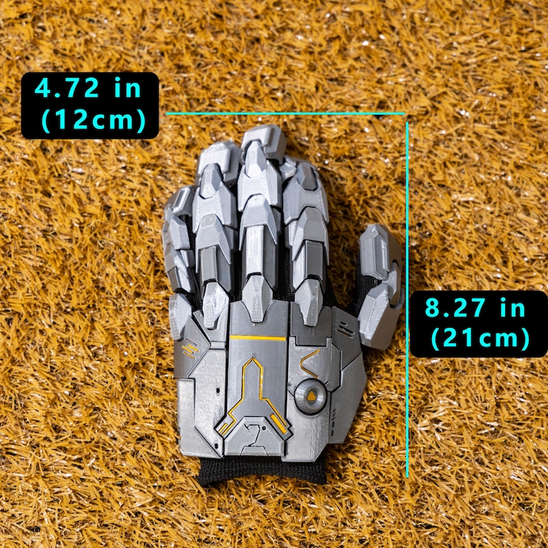 Cyberpunk Mecha Gloves presented on a model’s hand, showcasing the sleek silhouette and advanced dystopian style ideal for cyberpunk cosplay, futuristic costumes, and sci-fi themed photography sessions. The 3D printed armor exoskeleton shines under directional lighting, bringing out the sculpted panels, vent-like details, and reinforced knuckle guards that replicate the look of high-tech robotics.