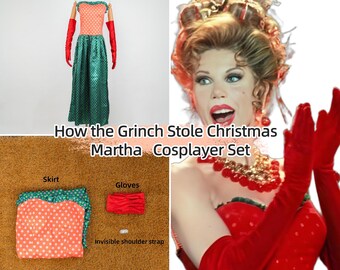 May include: A Martha May Who-vier cosplay set from "How the Grinch Stole Christmas." The set includes a green and coral polka-dot dress, red gloves, and an invisible shoulder strap. The image also shows a woman in a red dress and gloves.