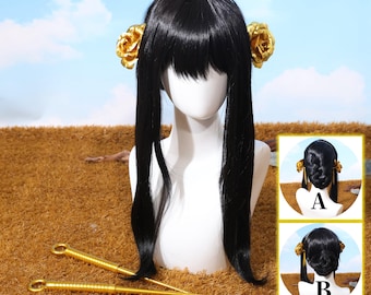 May include: A black wig with long, straight hair and bangs, styled on a mannequin head. The wig features two gold rose hair accessories and is accompanied by two gold hair styling tools. Two additional images show the wig styled in different ways.