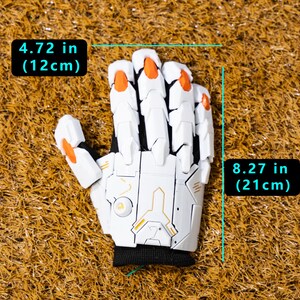 Cyberpunk Mecha Gloves displayed in a close-up angle that captures the fine mechanical details, layered plating, and precisely engineered joints of the 3D printed exoskeleton armor. The gloves are positioned on a textured background to emphasize their high-end craftsmanship and durable PLA construction. This image illustrates how the gloves elevate any sci-fi costume or futuristic streetwear outfit, appealing to gamers