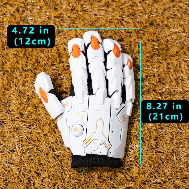 Cyberpunk Mecha Gloves displayed in a close-up angle that captures the fine mechanical details, layered plating, and precisely engineered joints of the 3D printed exoskeleton armor. The gloves are positioned on a textured background to emphasize their high-end craftsmanship and durable PLA construction. This image illustrates how the gloves elevate any sci-fi costume or futuristic streetwear outfit, appealing to gamers