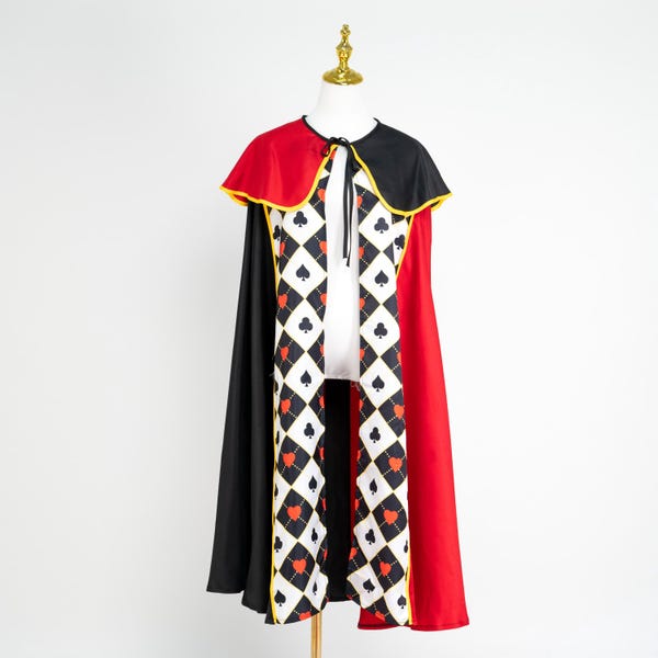 Red Black Card Queen Style Cosplay Cloak Playing Card Print Cape Fantasy Royal Costume Holiday Party Display Wear Gothic Stage Look